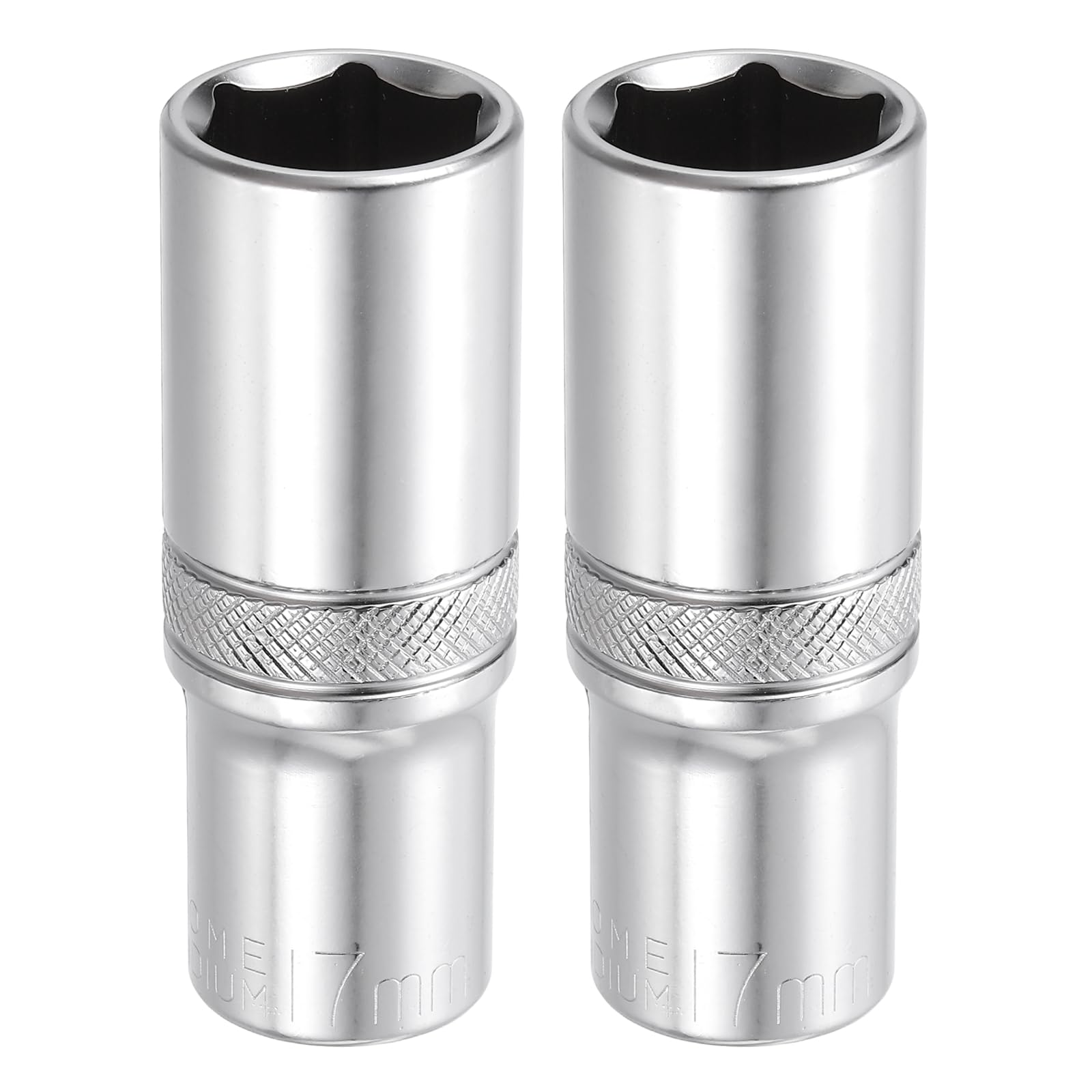 sourcing map 2pcs 6 Points Deep Socket 3/8" Drive 17mm Deep Metric CR-V Steel Polished Nickel Plating Impact Sockets 64mm / 2.5" Long Flip Sleeve Tool for Home Auto Nuts Bolts Repair