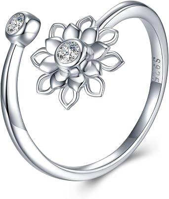 Lotus Semicolon Ring 925 Sterling Silver Encouragement Lotus Flower Adjustable Wrap Ring CZ Lotus Flower Band Ring Yoga Jewelry Inspirational Jewelry for Women Teen Girls Sister, Matal, Cubic Zirconia