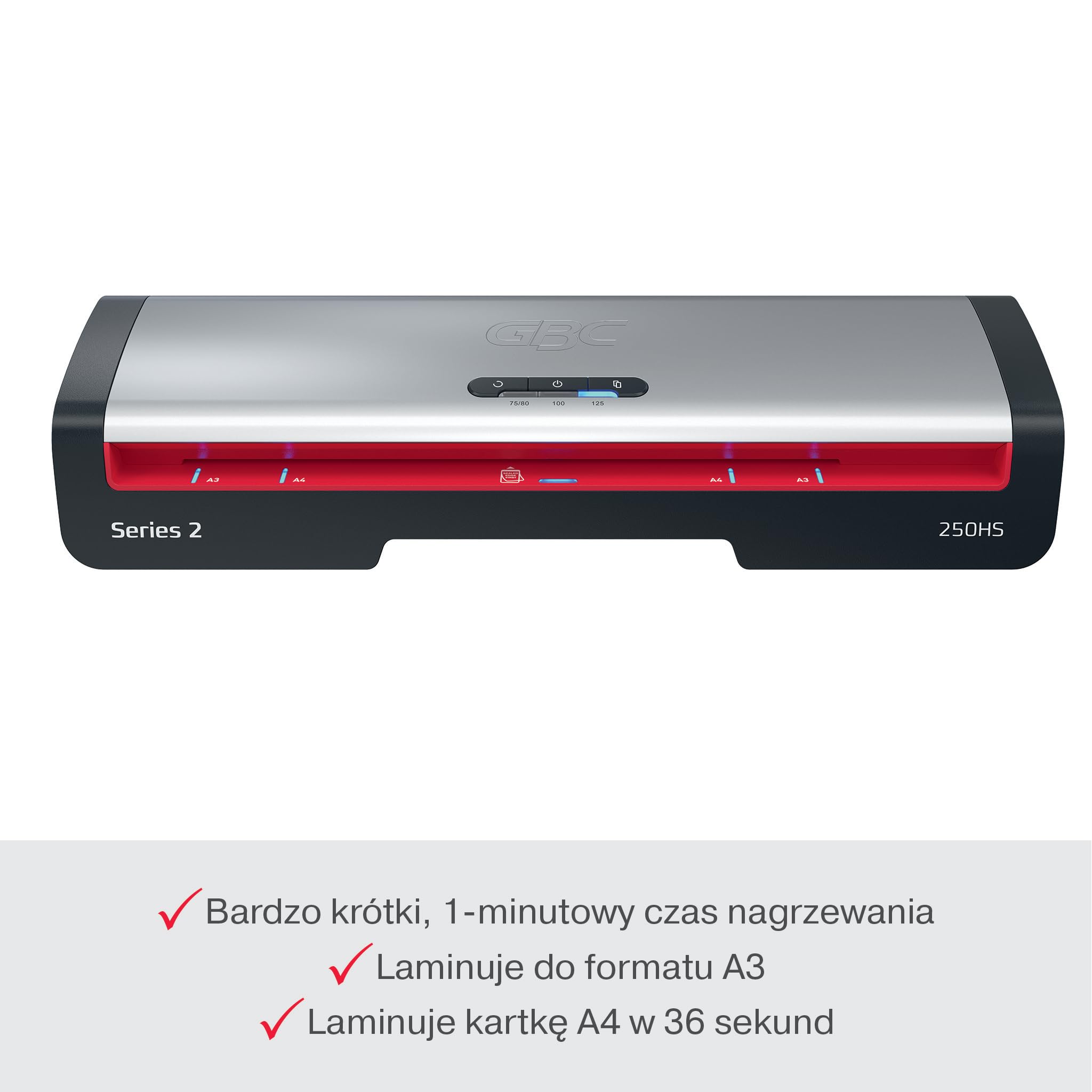 GBC 250HS Home Office Laminator A3 – Szybkie laminowanie, nagrzewanie w 1 minutę, 75–125 mikronów, funkcja przeciw zacięciom, auto wyłączanie, zawiera 5x folii A4, czarno-czerwony, 4410071EU