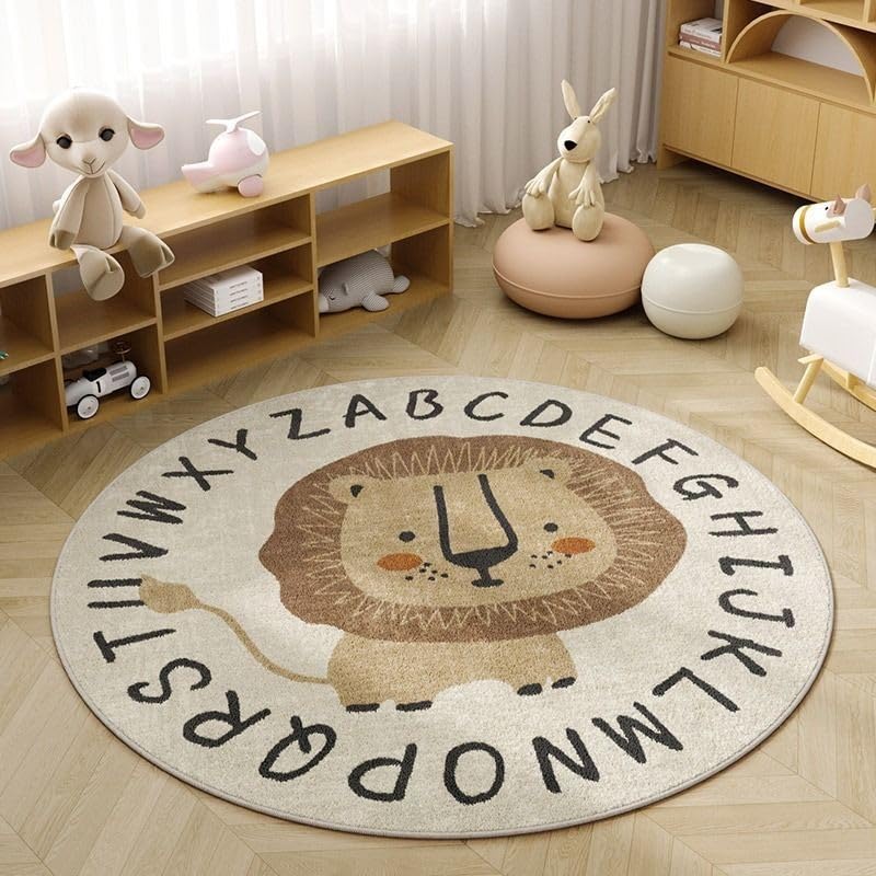 Poowe Cute Lion ABC Kids Play Mat Baby Nursery Rug Round Educational Alphabet Soft Area Rug Non Slip for Children Toddlers Bedroom (Round 47.2", ABC