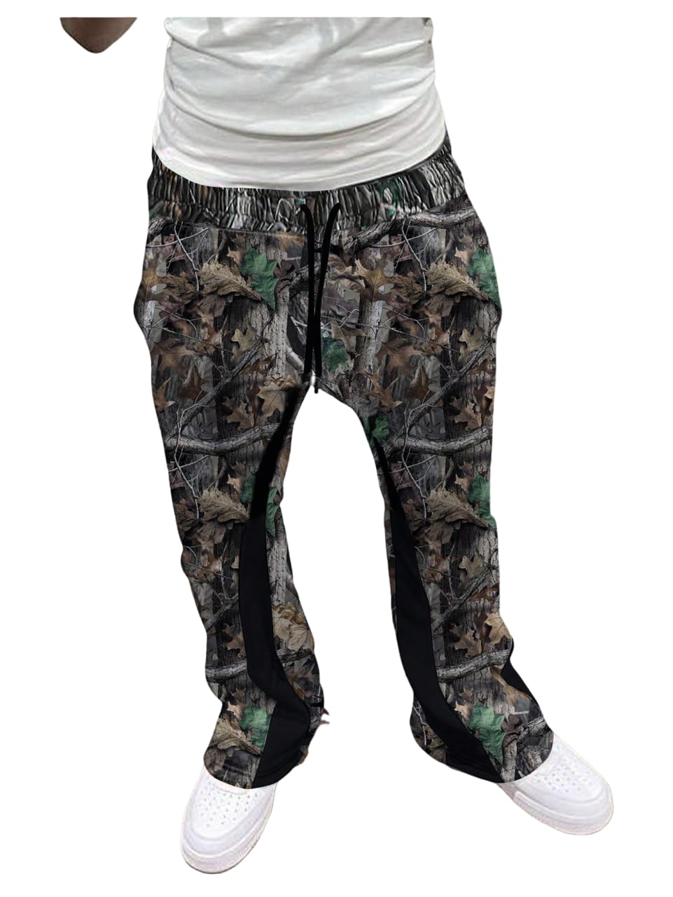 GORGLITTER Men's Camo Sweatpants Drawstring Waist Patchwork Stacked Flared Joggers Camo Medium
