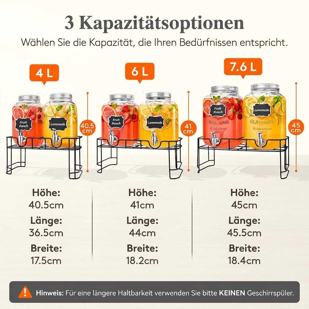 Lifewit 2x4L Getränkespender aus Glas mit Zapfhahn, Eiszylinder und Schild | Trinksäule mit Schild für Cocktail Bier Saft Wasser Tee Getränke, Limonadenspender mit Kühlung für Party Hochzeit Buffet
