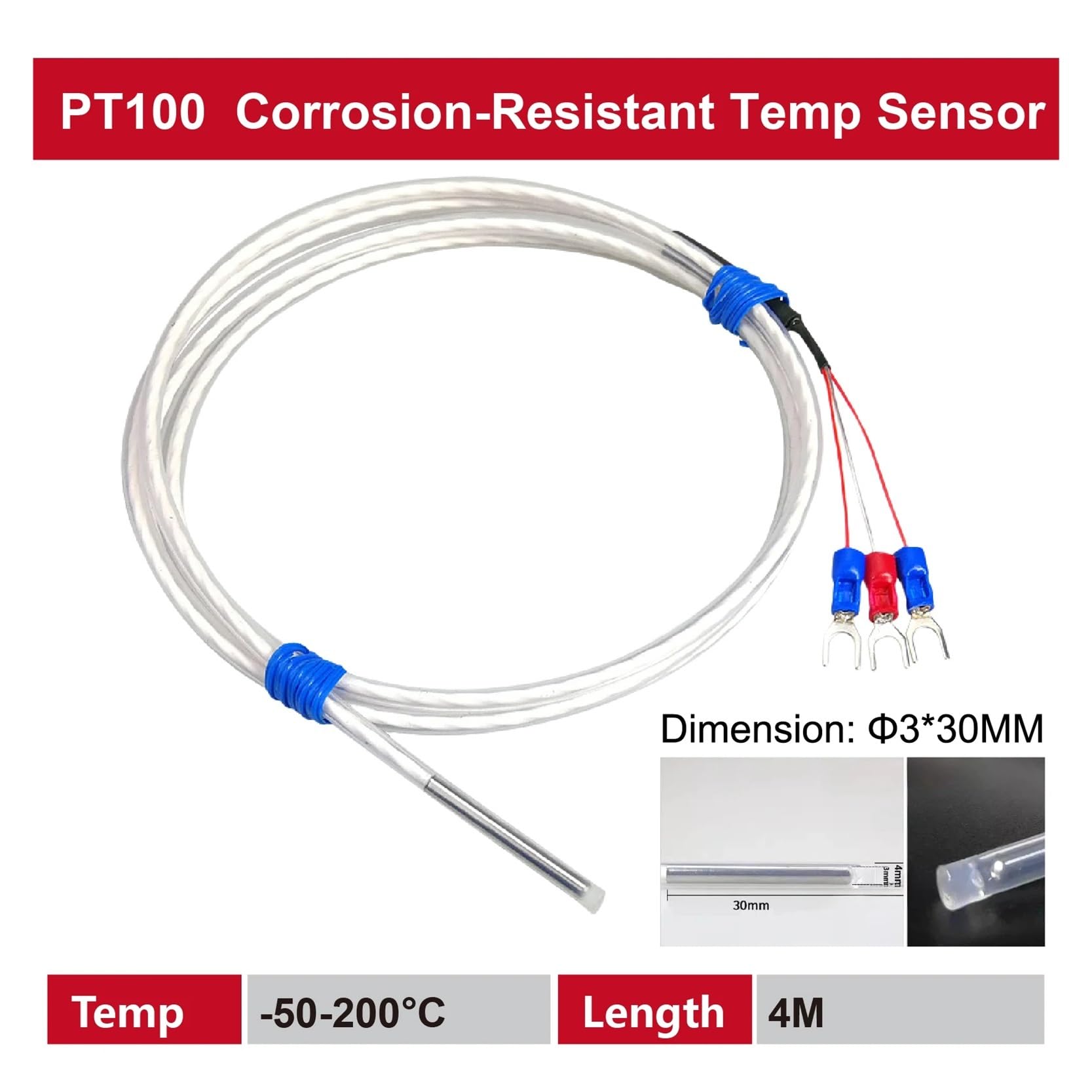 Tipo K cable 0-200°C -50-200°C del teflón sensor de temperatura la sonda termopar Pt100(Pt100-4m)