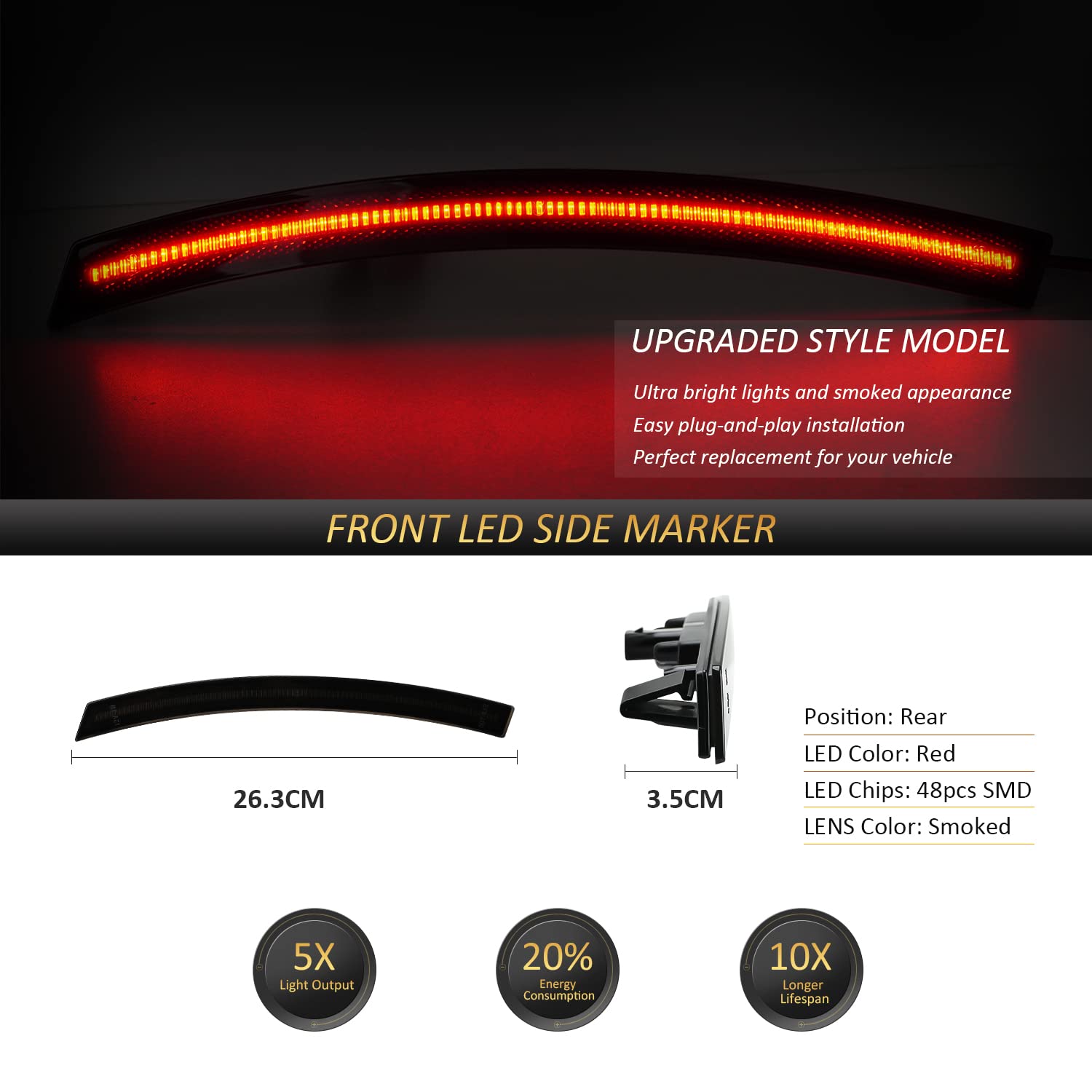 Bestview Front & Rear Bumper LED Side Marker light Red & Amber For 2014-2019 Chevy Corvette C7, Smoke Lens Led Side Marker Lights Front & Rear Sit Car Led Side Marker Lamp Kit - pack of 4