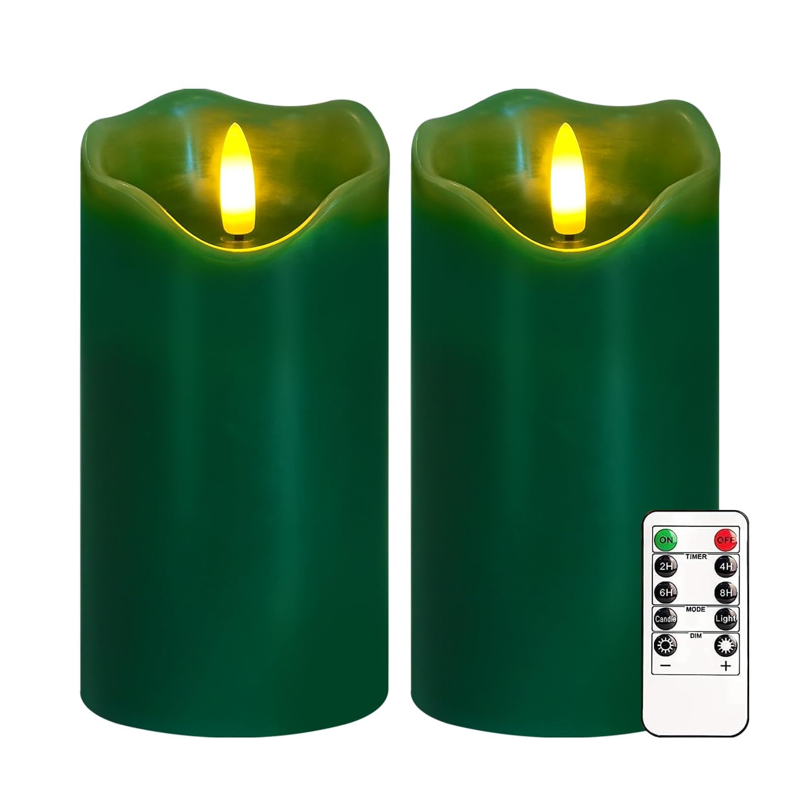 AVEKI Flameless Candle Light, Set of 2 6"x3" Flickering Christmas Flameless Candles with Remote & Timer, Dimmable Real Wax Pillar Candles Battery Operated, Decor for Home Xmas (Green)