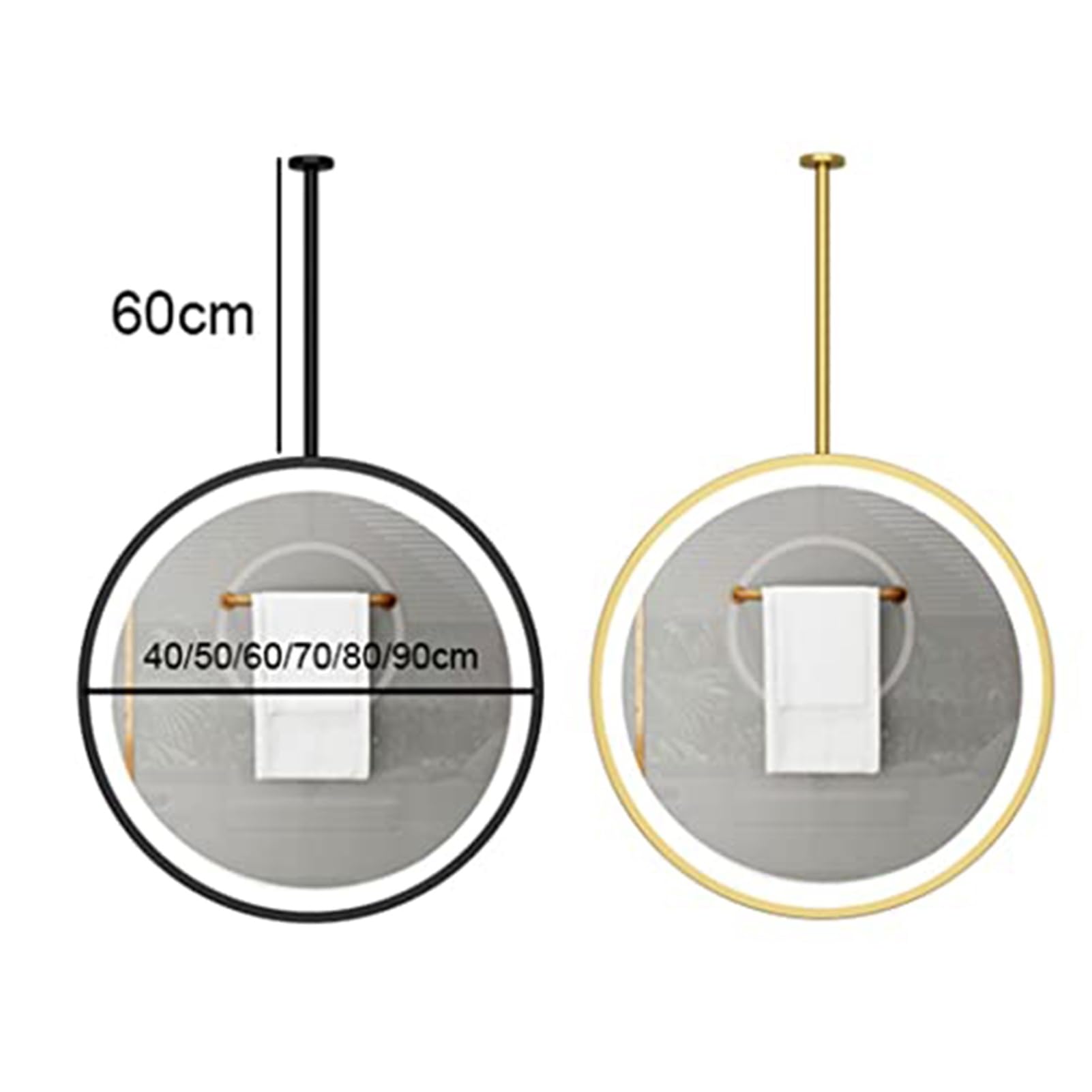Sufitowe lustro łazienkowe wiszące z oświetleniem LED, metalowa rama lustro toaletowe, podświetlane okrągłe lustro ścienne, podświetlane lustro do sypialni, korytarza lub salonu (złoto, 40 x 40 cm)