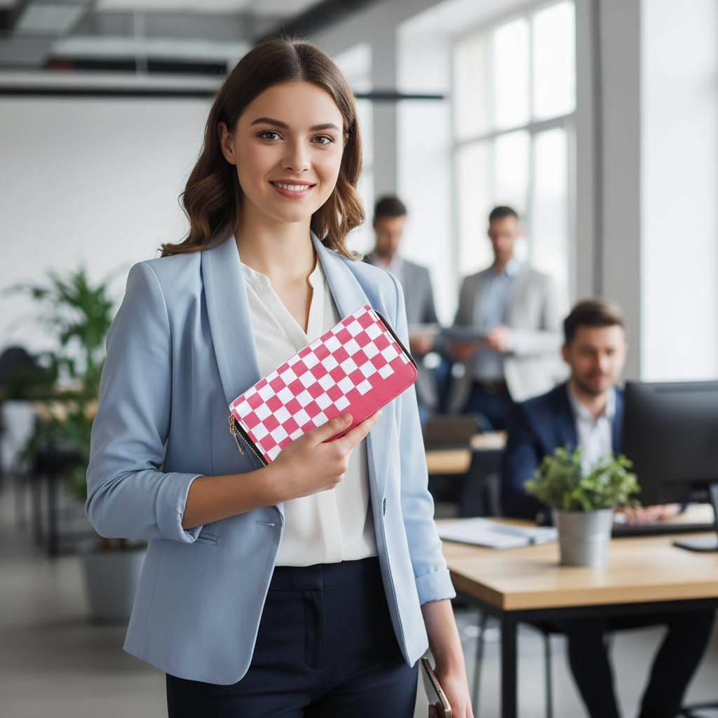 Women's Checkered Wallet, Large Capacity Highland Purse, 2 Zippers Card Cases and Money Organizers for Ladies (Grid Pink) - Image 7