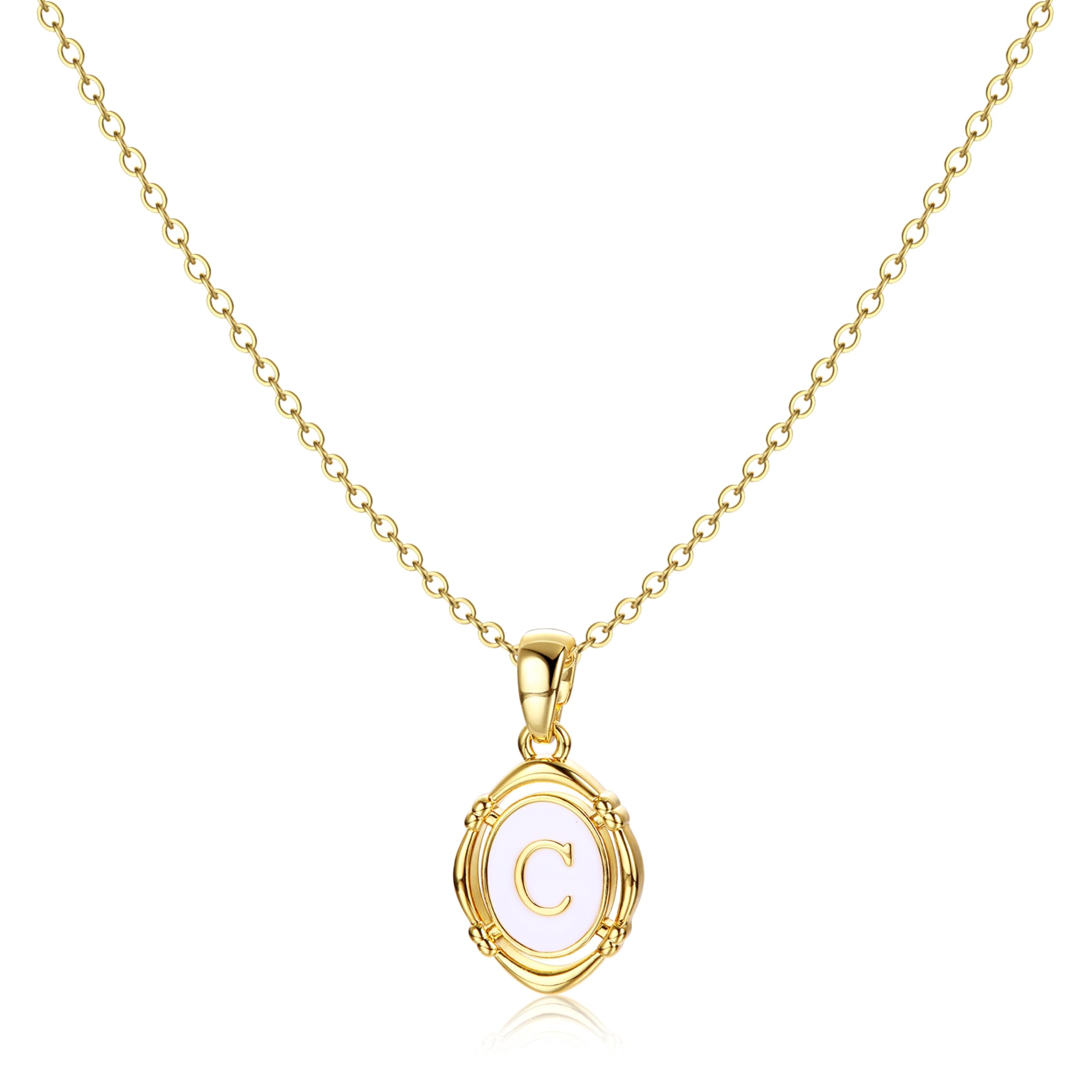 Krfy Initial Necklaces for Women - Dainty 14K Gold Plated Charm Necklaces Oval Letter White Enamel Personalized Name Necklaces for Women Trendy
