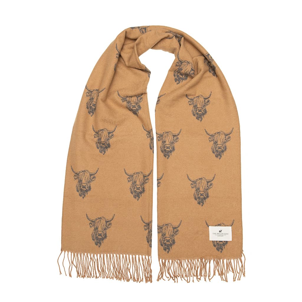 Heritage Traditions Heilan Coo Multi Super Soft Scarf, Highland Cow Scarf (Camel/Grey)