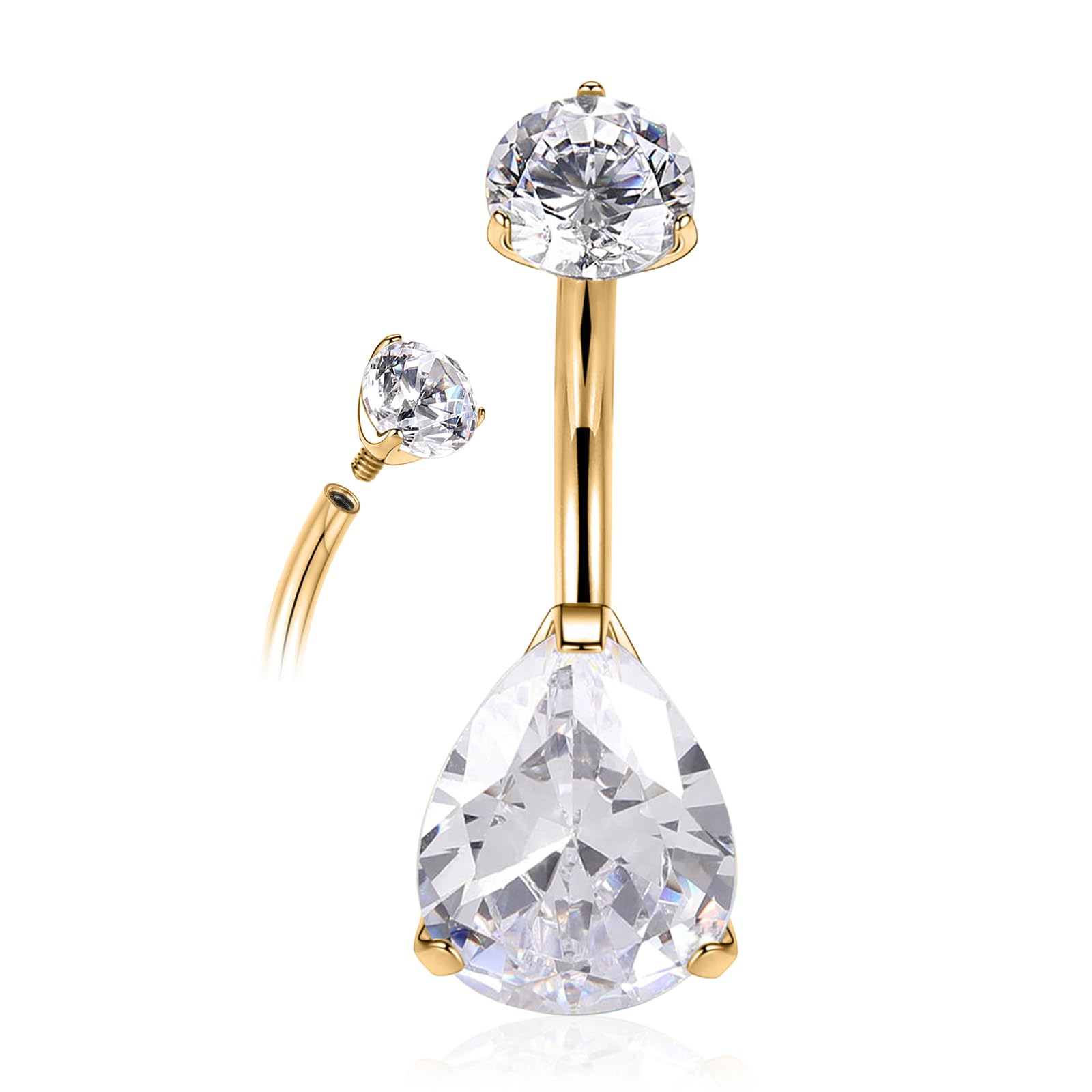 PEAKLINK Titanium Belly Button Ring 14G Belly Jewelry with Double CZ Navel Bar Internally Threaded Belly Barbell Navel Jewelry Navel Belly Piercing