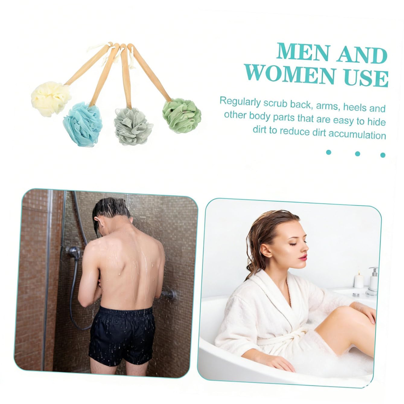 Ipetboom Cepillo de Ducha Corporal 4 Piezas de Nailon Mango Largo Exfoliación Delicada y Limpieza Profunda para Baño para Espalda y Cuerpo