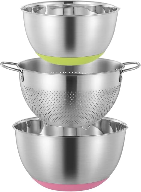 KINGBON Mixing Bowl Set 3 Pieces Stainless Steel Mixing Bowl & Colander Set Nesting Kitchen Bowl with Spout & Non-Slip Bottom Metal Mixing Bowl & Colander for Baking, Cooking, Salad Prep
