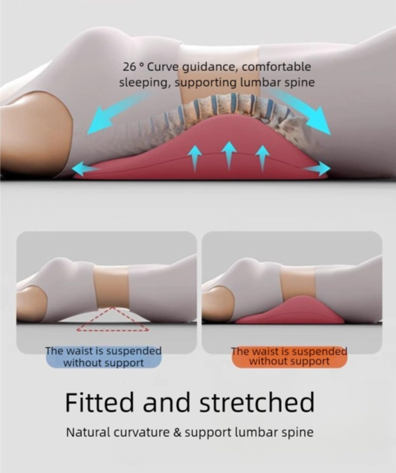 Almohada de apoyo lumbar para cama: cojín para aliviar el dolor de espalda baja para dormir, almohada ergonómica para dormir boca abajo, almohadilla lumbar de espuma viscoelástica para coche, sofá y