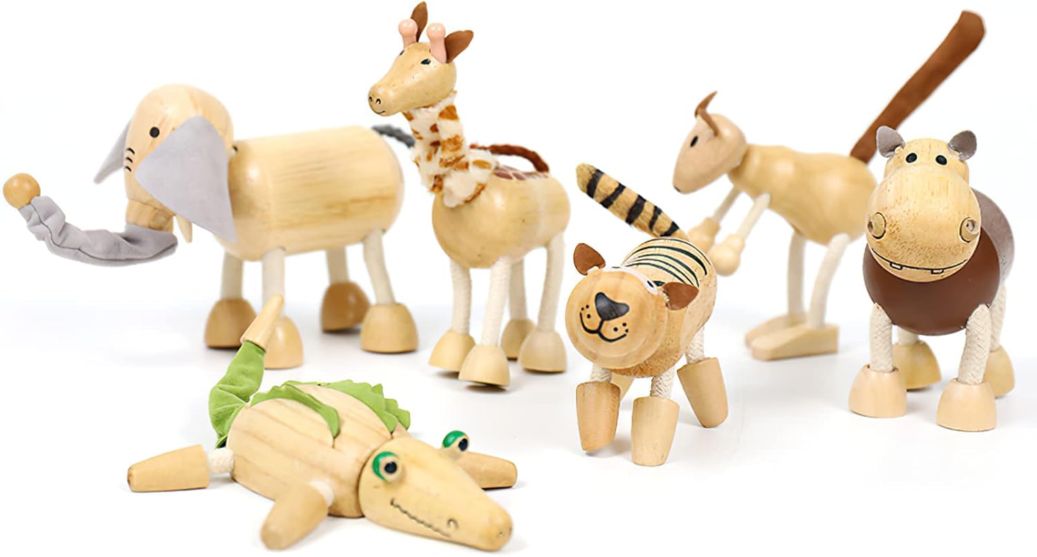 6 Pack Bendable Wooden Animal Figurines - Smooth Natural Wood Zoo & Jungle Safari Animals - Preschool Learning & Education Toys for Toddlers & Kids