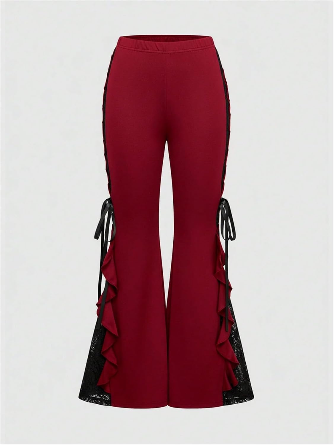 Verdusa Women's Y2k Goth Contrast Lace Bell Bottom Flare Ruffle Pants Grunge Gothic Clothes