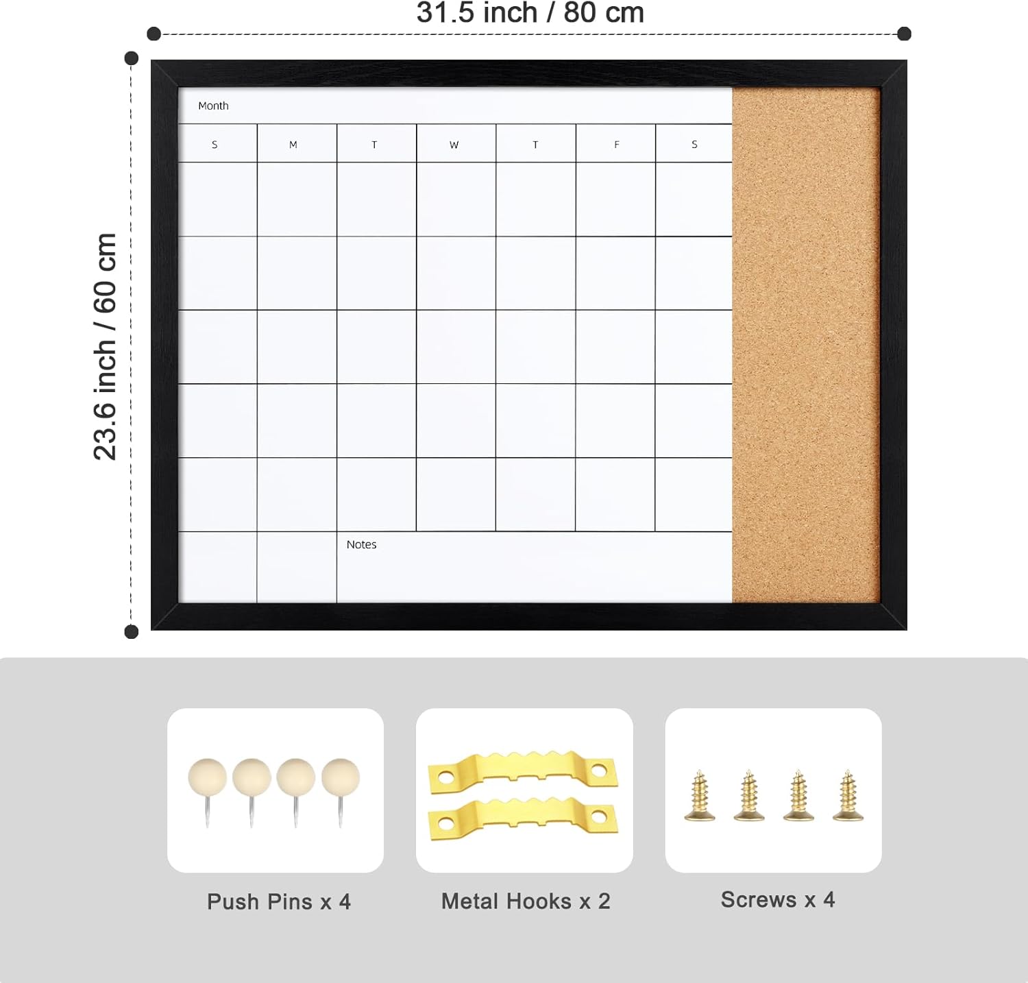 Dry Erase Board & Cork Board, Magnetic Surface Monthly Calendar Whiteboard & Bulletin Board, Combination Dry Erase Calendar for Wall, Decorative Black Wood Framed Memo Board(R-ZHYL-BK,6080)