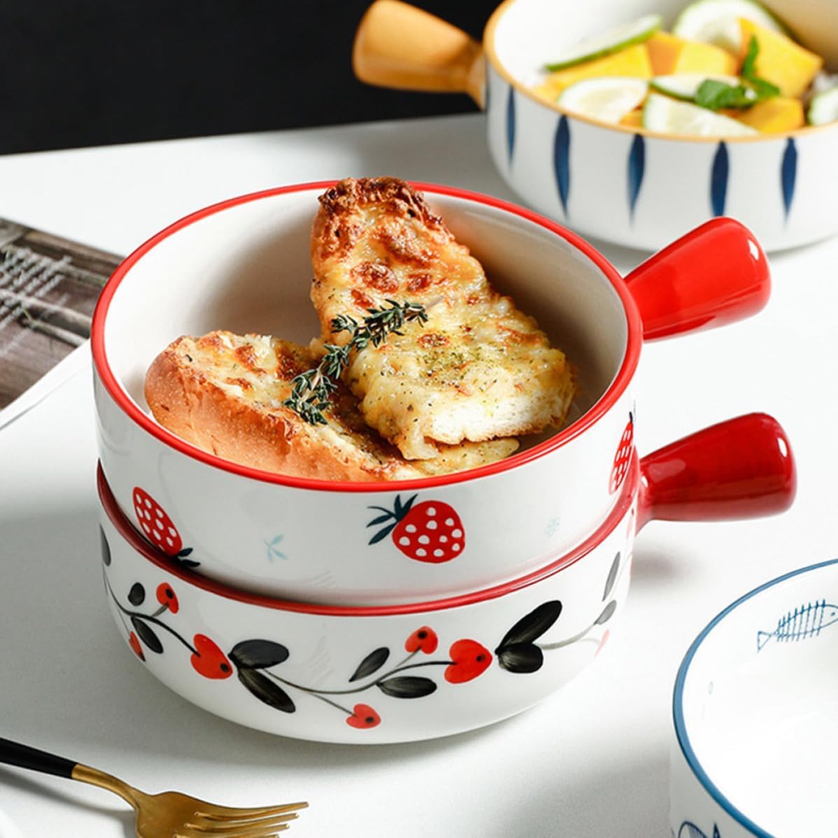 Ceramic Baking Bowl with Handle for Soup Salad Microwave