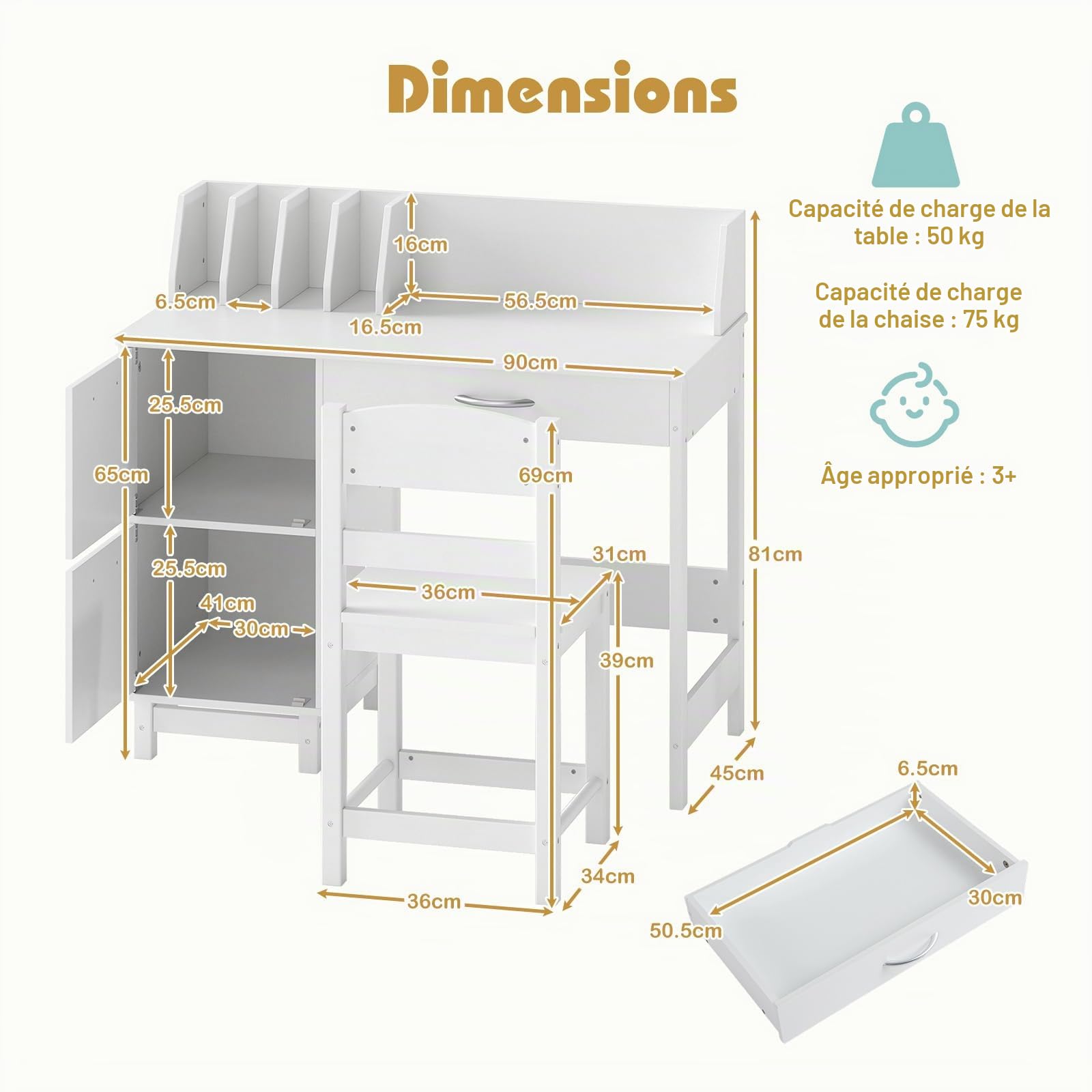 LIFEZEAL Ensemble Bureau avec Chaise pour Enfant 3-8 Ans, Table d'Étude Bois avec Tiroir et 2 Armoires, Grand Espace de Rangement, Charge de 30 kg, Blanc
