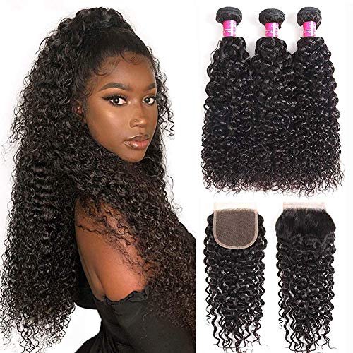 9A Brazilian Curly Hair Bundles with Lace Closure Unprocessed Brazilian Virgin Kinky Curly Hair 3 Bundles with 4×4 Lace Closure Natural Black Human Hair Weave Bundles With Closure(12 14 16+10"Closure)