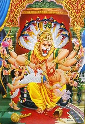 Crafts of India Lord Narasimha killing Hiranyakashyap/Hindu God Big Poster -reprint on paper (Unframed : Size 21"X31" Inches)