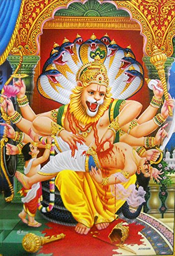 Crafts of India Lord Narasimha killing Hiranyakashyap/Hindu God Big Poster -reprint on paper (Unframed : Size 21"X31" Inches)