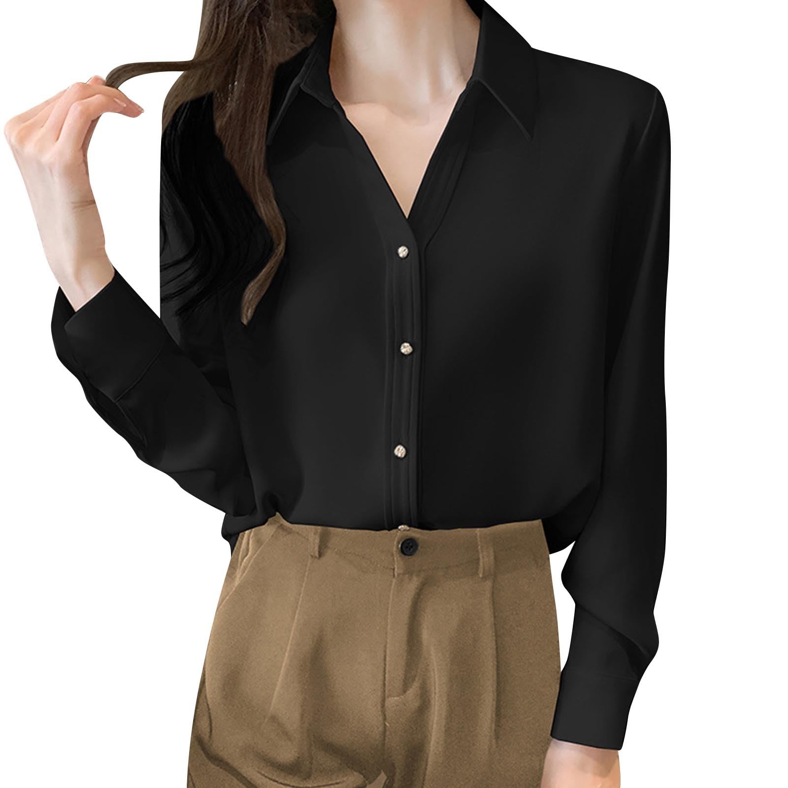 Womens Blouses Long Sleeve Elegant Collared Tops Basic Business Dress V Neck Work Formal Outfits Loose Solid Color Shirt