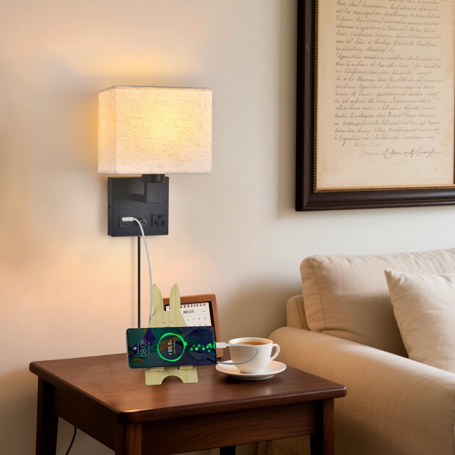 Bedside Wall Lamp for Bedroom, Plug in Wall Sconce - Dimmable Switch with AC Outlet & USB Charging Port, Fabric Shade, Black Wall Mounted Light for Living Room, Hotel