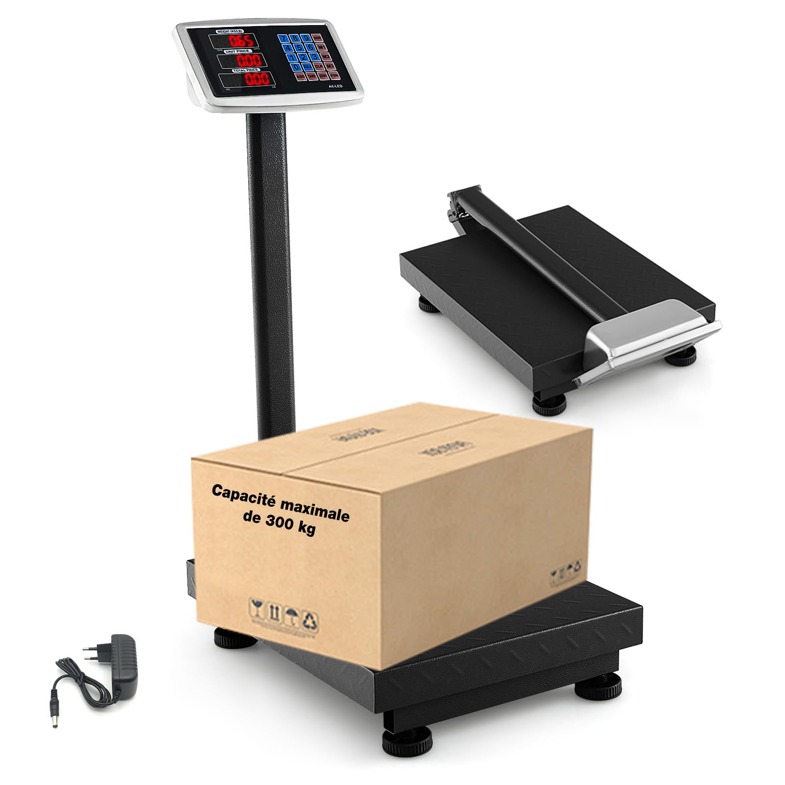 COSTWAY Balance Plateforme Professionnelle Industrielle avec Écran LED, Balance Numérique Pliante, Capacité 300 Kg, Précision 50 g, Autonomie 10 h, pour Colis, Entrepôts, Bagages (Noir)