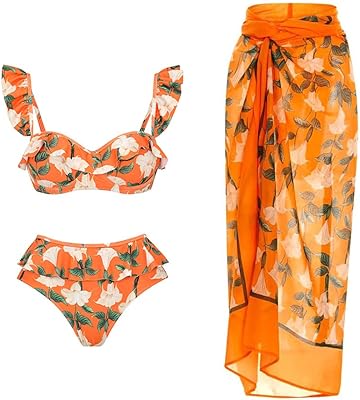 IBAKOM Three Pieces Swimsuits for Women with Matching Wrap Skirt Swim Top Tummy Control Bikin Bottom Mesh Sheer Cover Ups