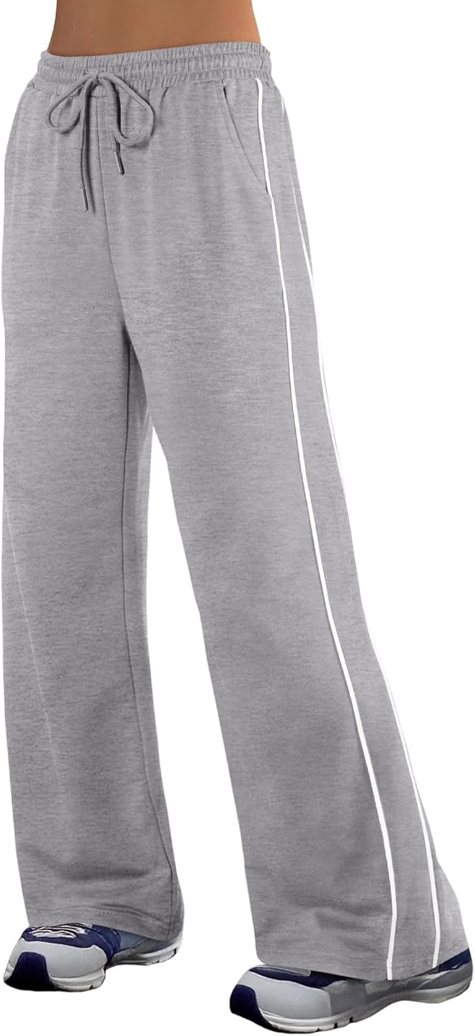 Herseas Women's 2 Side Stripes Sweatpants Wide Leg Pants Casual Drawstring Lounge Pants