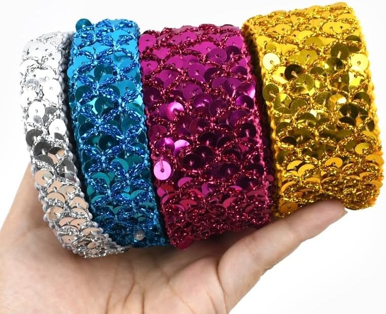 25 Yards Elastic Sequin Ribbon 0.86 Inch Wide Flat Paillette Trim Stretch Bling Paillette Ribbon Metallic Fabric for Dress Headband Sewing Craft(LightBlue)