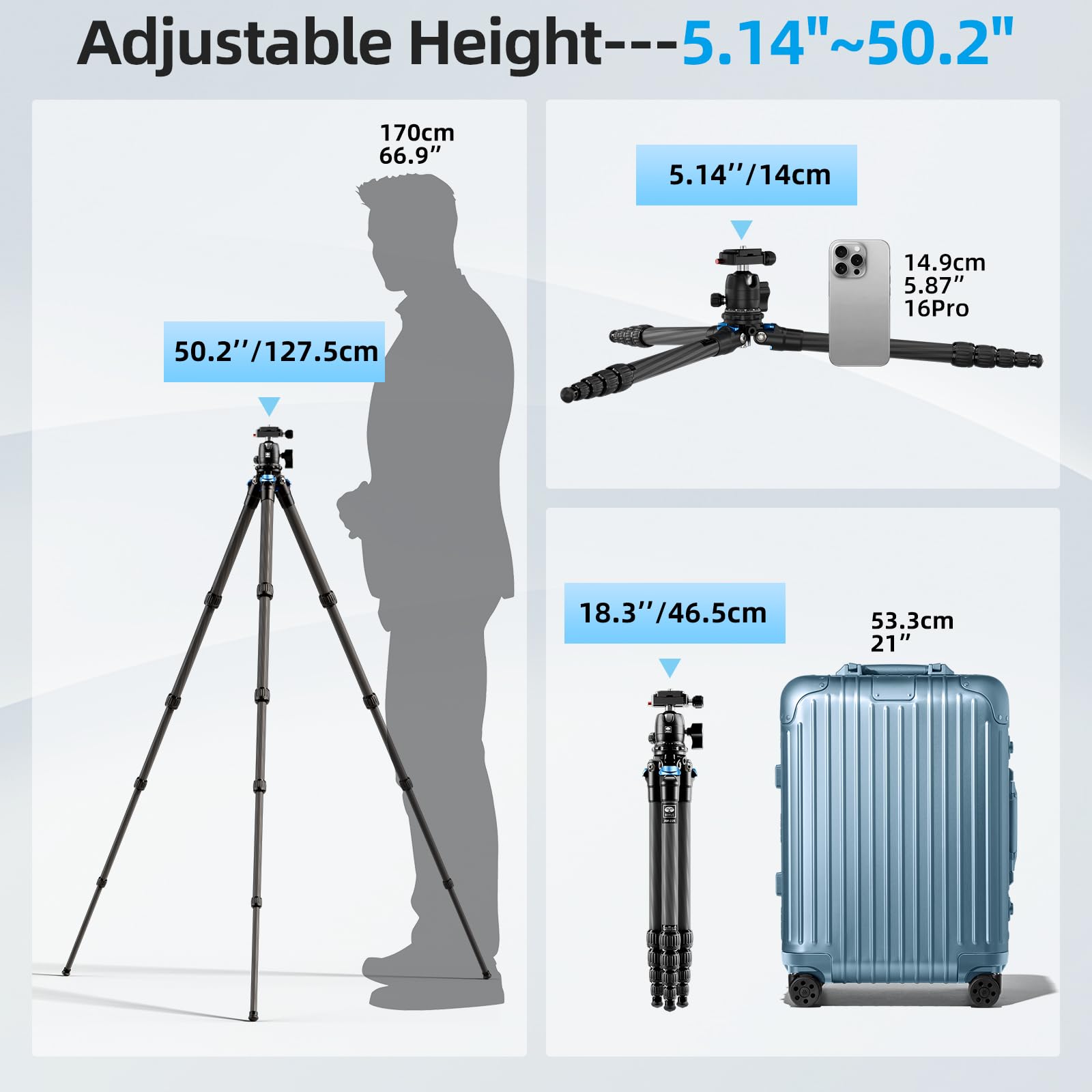 SIRUI 127cm Treppiede Fotocamera Carbonio Fibra AM-225, Portatile Treppiede da Viaggio con Testa a Sfera B-00K e Piastra a Sgancio Rapido, Cavalletto Fotografico per Videocamera, Carico Massimo 6KG