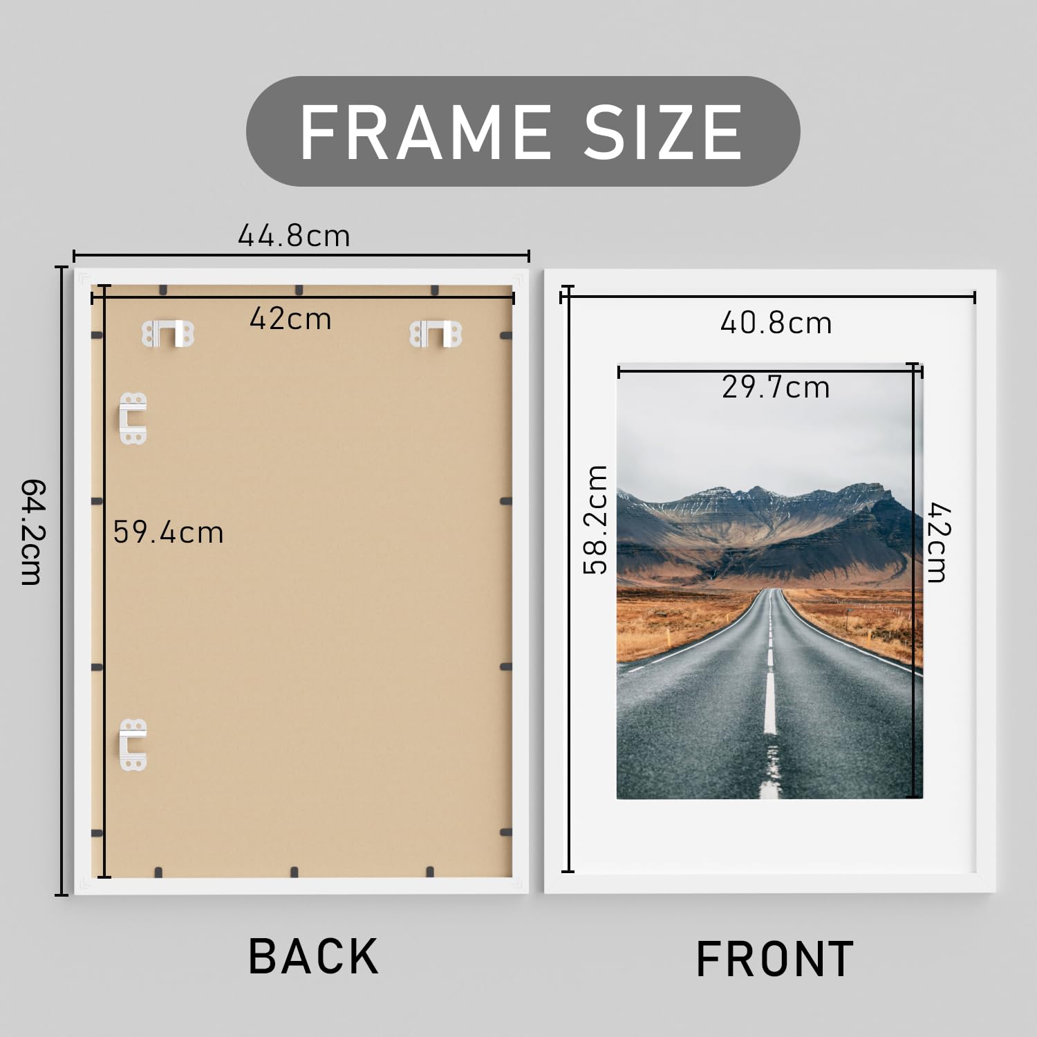 A2-Bilderrahmen mit abnehmbarem A3-Passepartout, Wandmontage, Weiß, 2 Stück | 42 x 59,4 cm Bilderrahmen mit 29,7 x 42 cm Passepartout, zur Wandmontage, horizontal und vertikal