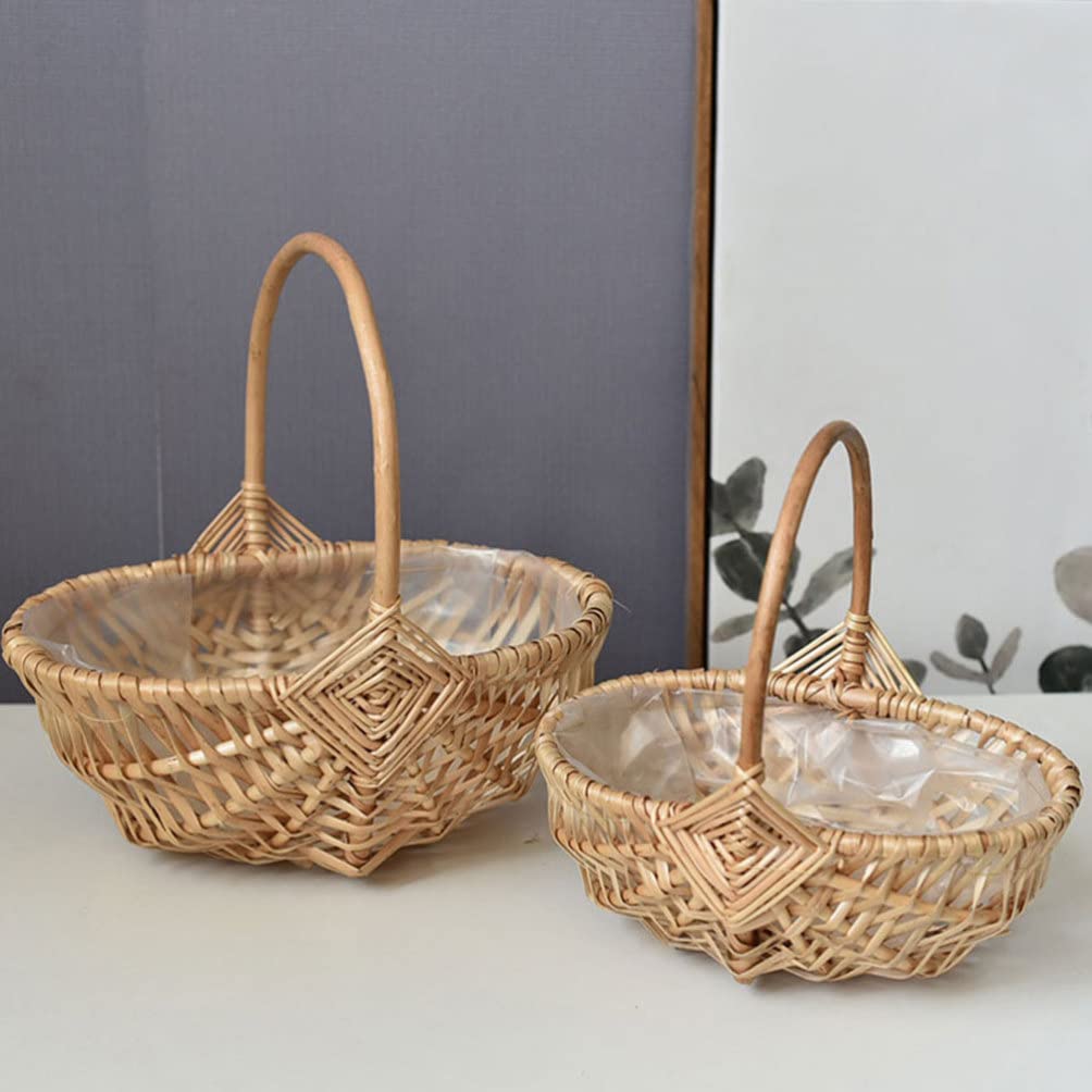 BESPORTBLE Cesto in vimini intrecciato con manico, cestino per fiori, cestino per fiori, per frutta, vaso da, da picnic, per matrimonio, decorazione rustica, shabby chic