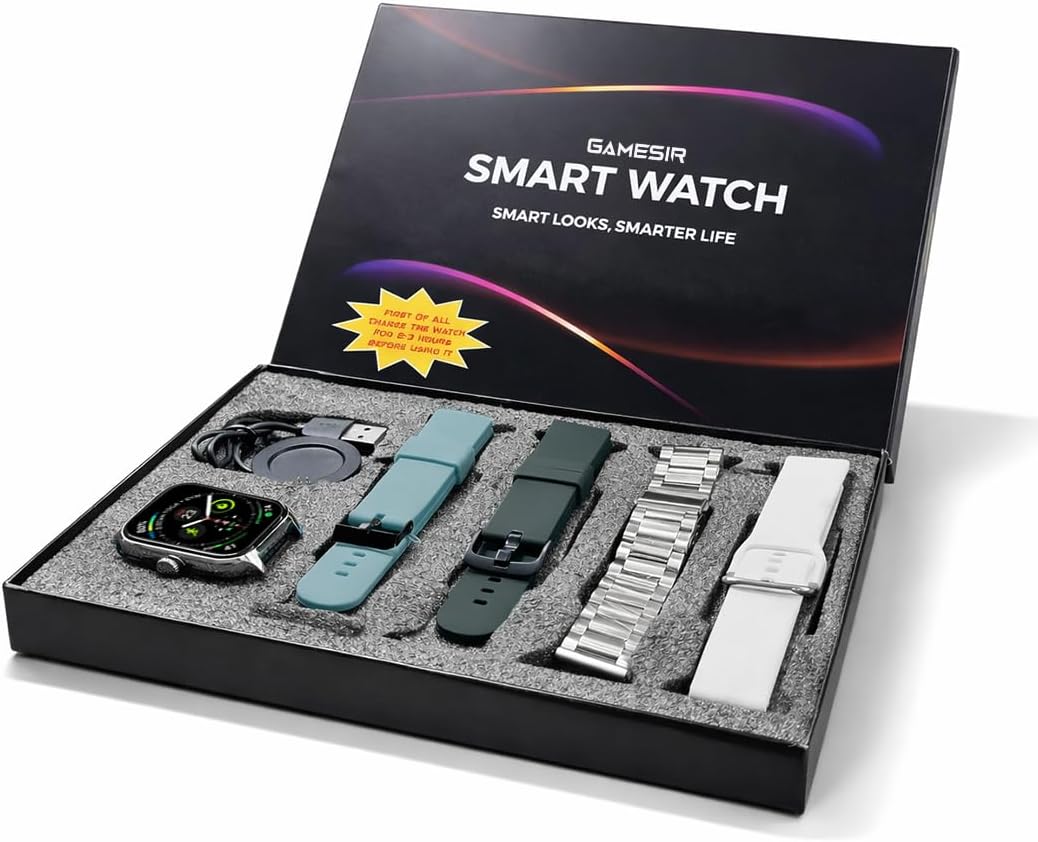 GameSir H9 Silver Dial Smartwatch Combo, 4 Straps, 2.01'' HD Display, Bluetooth Calling, IP67, Crown Control, Fitness Tracker with Heart Rate & SPOโ, 100+ Sports Modes for Men & Women (Silver Dial)