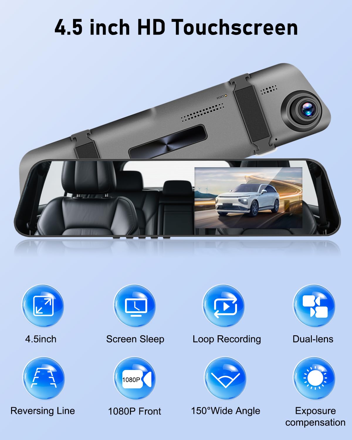 NHOPPEW 1080P Espejo retrovisor Delantero y Trasero - Cámara para salpicadero de 4,5 Pulgadas con grabación en Bucle, visión Nocturna, detección de Movimiento + cámara de Marcha atrás