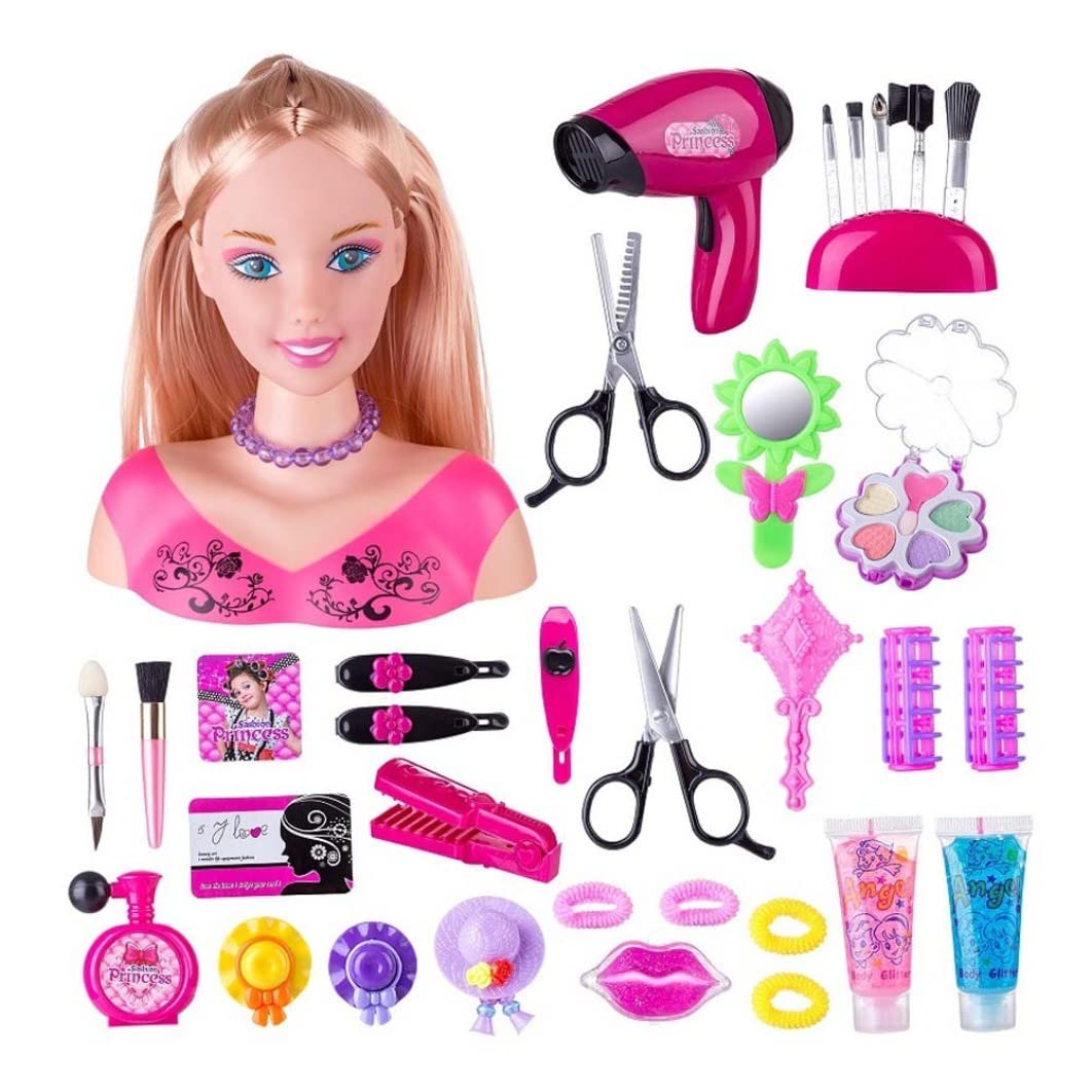 Muñecas de Maquillaje para peluquería para niños, 35 Piezas de Maquillaje para niños, Juguete para muñecas para peluquería, muñeca de Peinado, Juego de Juguetes para el salón para peluquería
