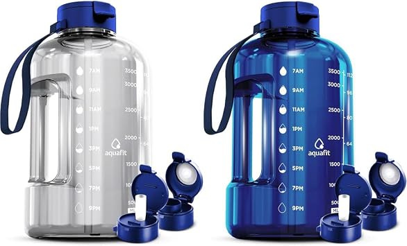 AQUAFIT 2 Pack - 2 x 1 Gallon Water Bottle With Time Marker - Big Water Bottle With Straw - BPA Free Gym Water Bottle With Handle - Gallon Water Jug