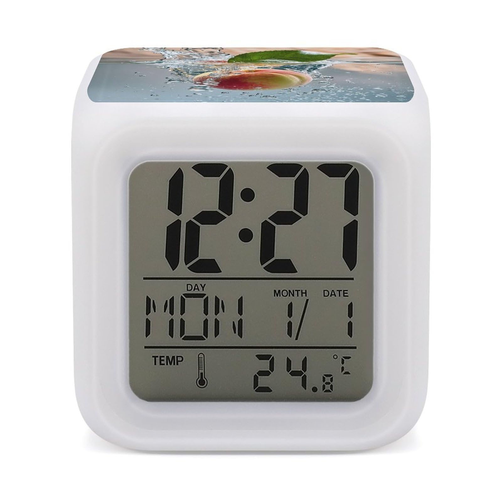 LZQPOEAS Peach Falling Into Water Alarm Clock Desk Clock with 7 Color Changing Night Light Digital Clocks with Temperature Display Sleep Training and Sound Machine for Heavy Sleeper