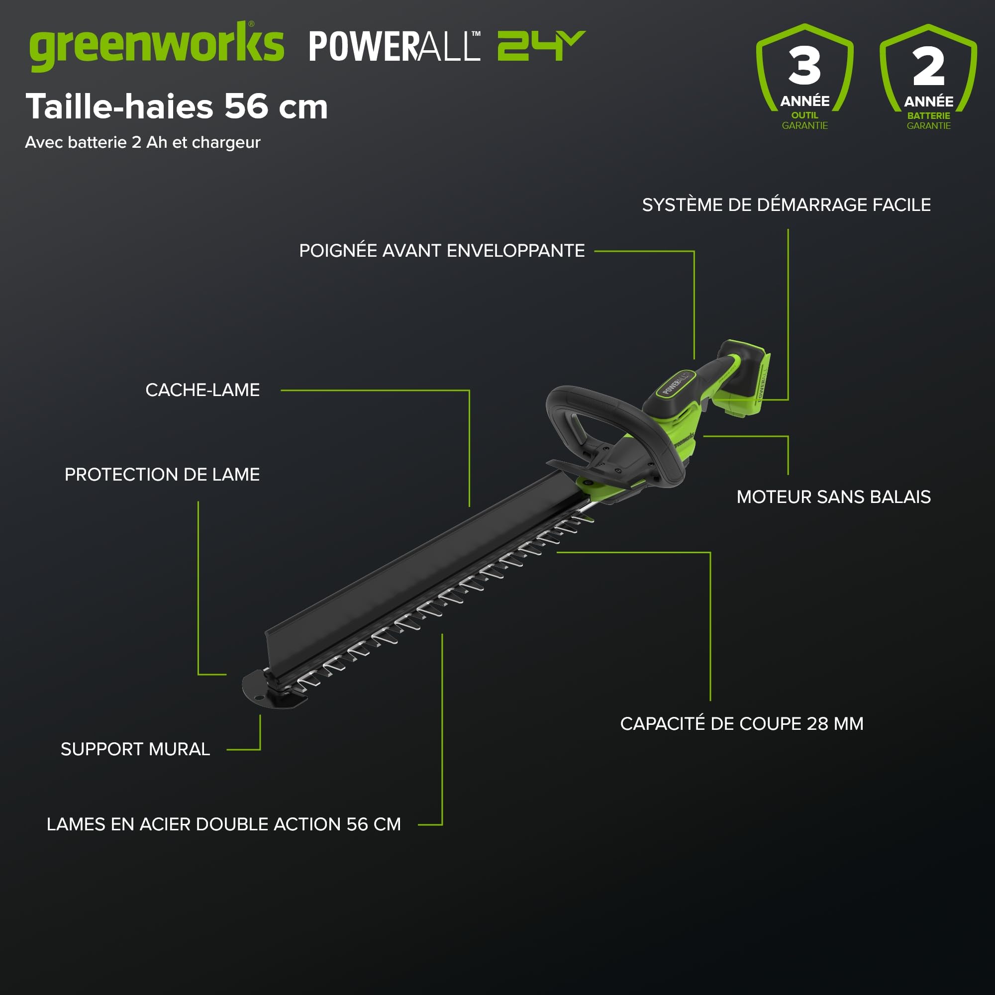 Greenworks Taille-Haies sans Fil 24V 51 cm avec Batterie 2.0Ah, Moteur brushless, Lame Double Action 28 mm, Hedge Sweeper, Chargeur USB-C Inclus HT2002A1
