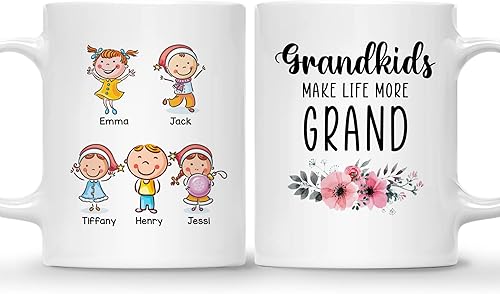 Gossby Taza personalizada GRANDKIDS MAKE LIFE MORE GRAND (5 niños) Taza de café para abuela, abuelo de nietos con avatares, nombres, regalo