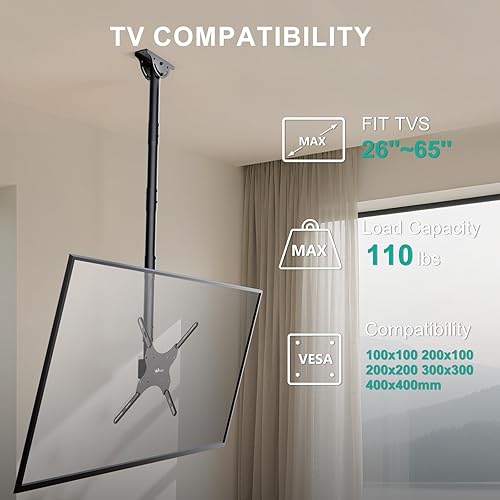 Miniatura 2 de WALI Soporte de techo para TV de brazo largo, se adapta a la mayoría de pantallas planas LED, LCD, OLED y plasma de 26 a 65 pulgadas, hasta 110