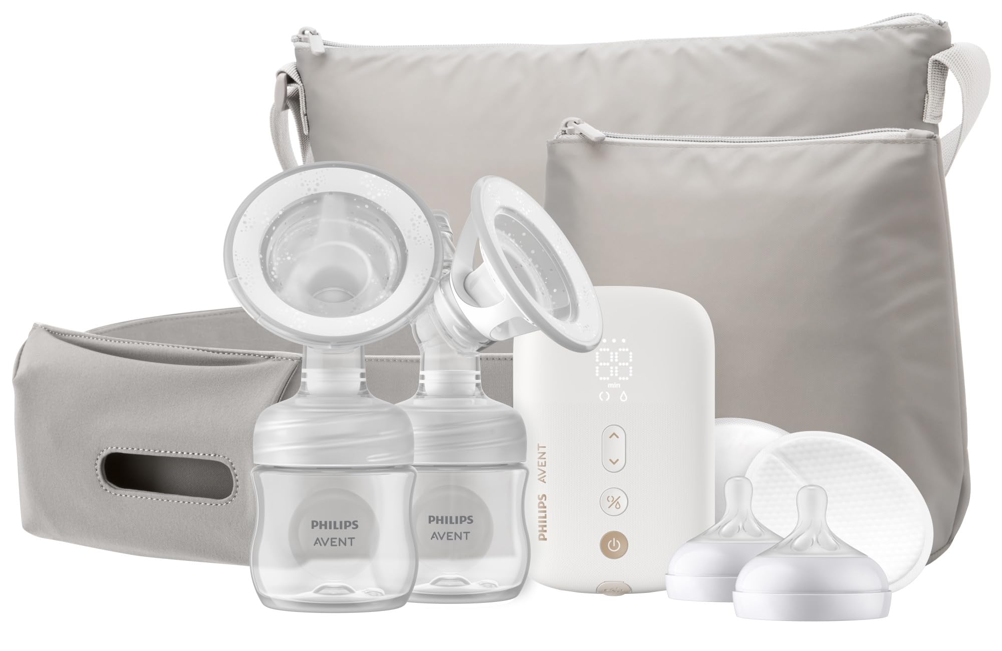 Philips AVENT Double Electric Breast Pump Advanced, with Natural Motion Technology, with Clear Natural Response Baby Bottles, White Pump, Gray Bag,