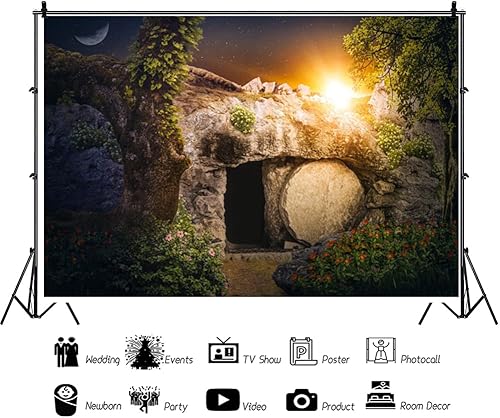 Miniatura 4 de DORCEV Fondo de fotografía de tumba de piedra vacía de 12 x 10 pies Crucifixión de Jesucristo Luces Santas Fondo de cruz Dios bendiga a Jesús