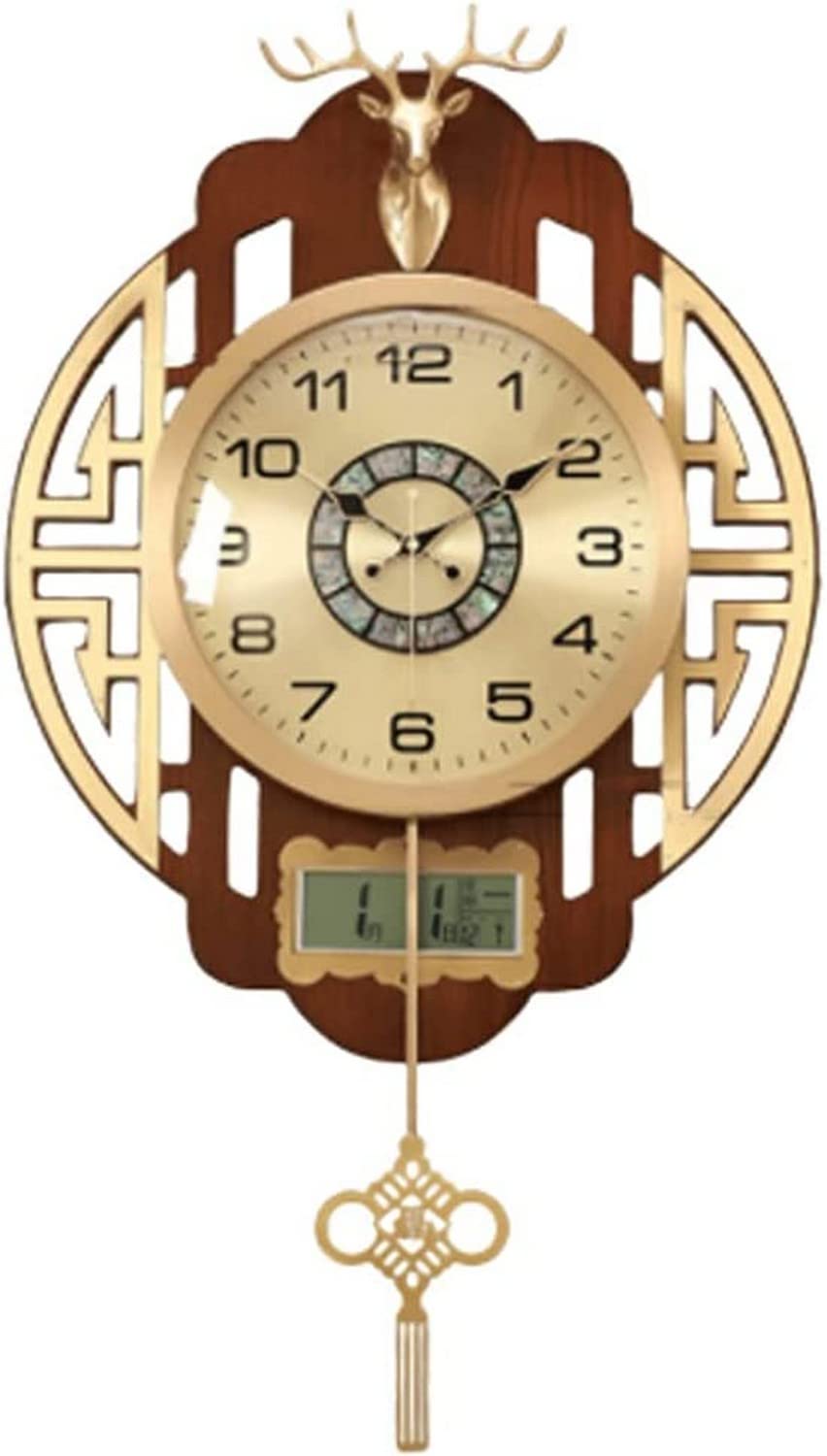 SaryEdge Wall Clock Art Large Wall Clock Metal Wall Clock with Date,Month,Day of Week Silent Non-Ticking Operated Clock with Pendulum Creative Deer Decor Wall Decor Clock,-I,H-B,H-B