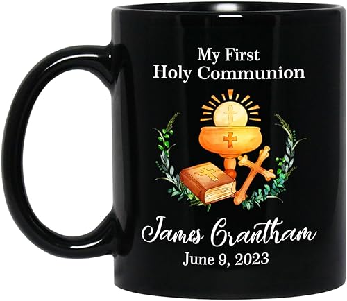 Taza de café personalizada con nombre y fecha de mi primera comunión con nombre y fecha del niño, taza de cerámica negra personalizada de comunión,