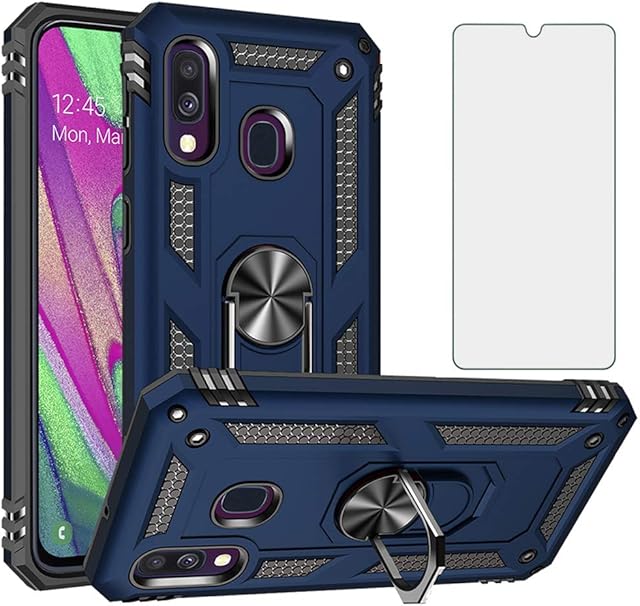 Phone Case for Samsung Galaxy A40/A405F with Tempered Glass Screen Protector Cover and Stand Ring Holder Hard Shockproof Heavy Duty Silicone Rugged Gel Accessories 40A A 40 SM-a405fn/ds Girls Blue