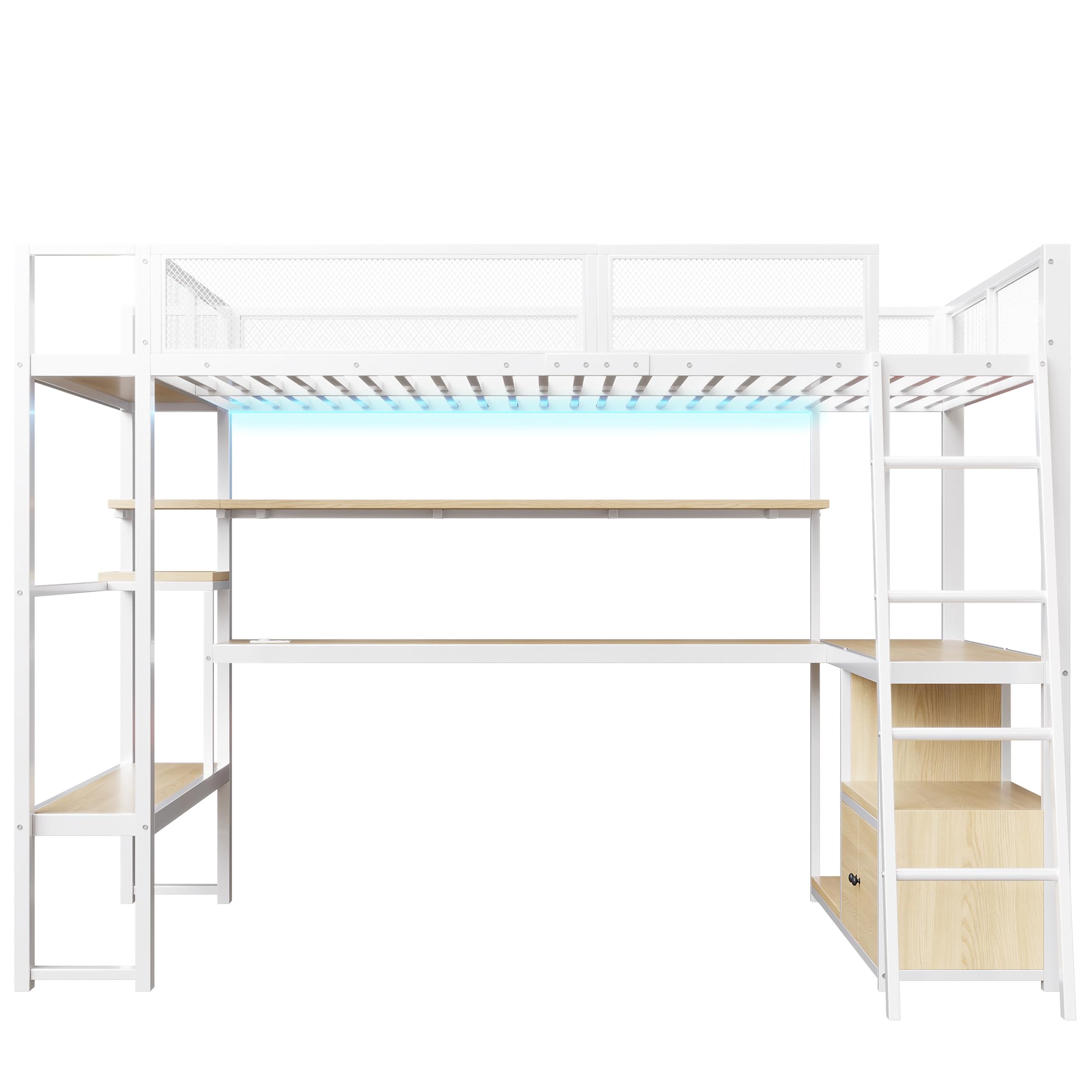 Letto a soppalco Gaming 140x200cm con spazio di lavoro integrato ,metallo letto a castello matrimoniale con illuminazione a LED e spazio di archiviazione,struttura letto140x200 per ado/ragazzi,Bianco