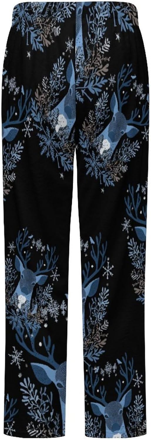 Blue Snowflake Deer Women's Pajama Pants Flannel Lounge Bottoms with Pockets Comfy Wide Leg Sleep Pant