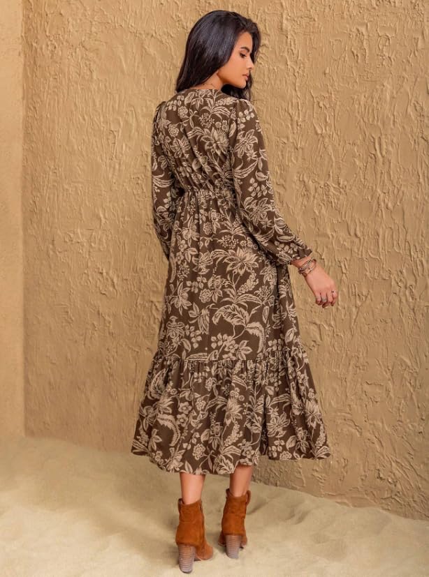 Image of Dress for Women ||Bohemian Brown Print Casual Comfortable Women's Long Sleeve Maxi Dress|| Popular Autumn Apparel Fashion (D-03-05)